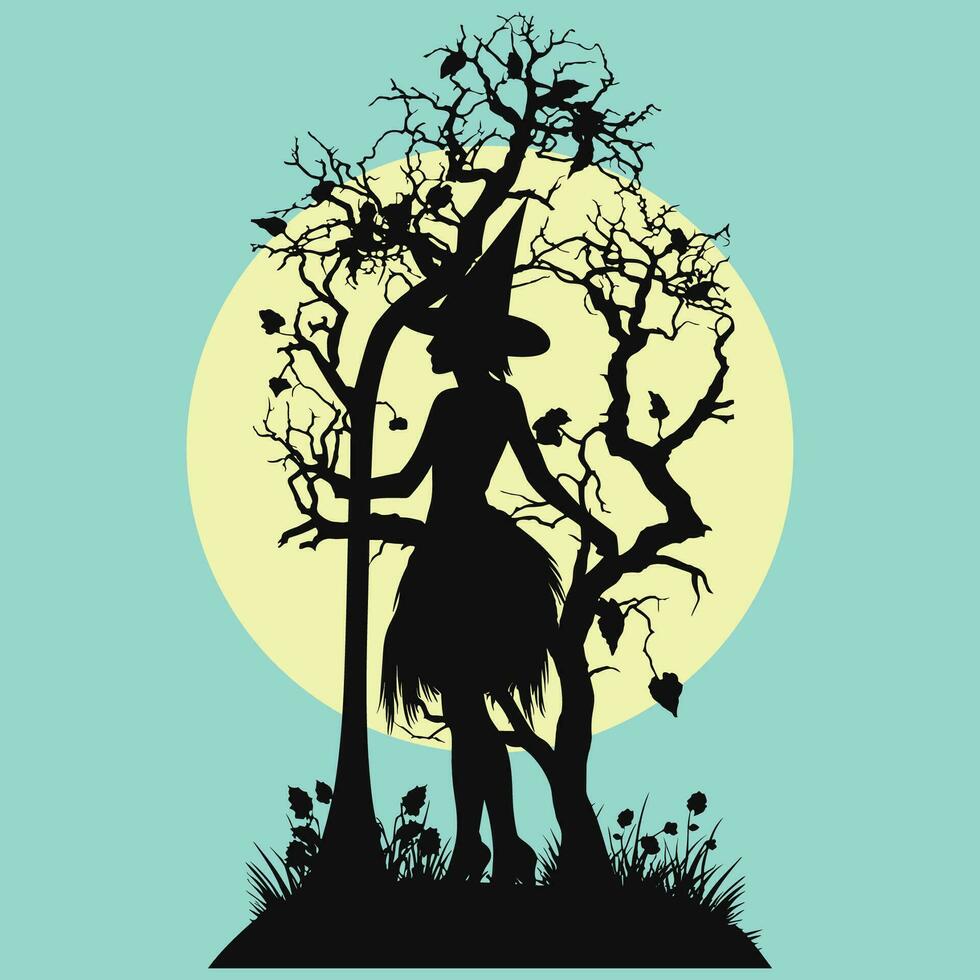 sorcière sur une colline avec plein lune et arbre vecteur