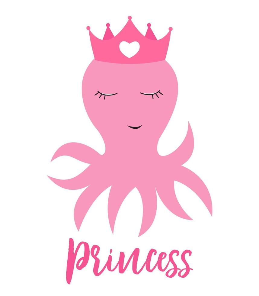 petite princesse mignonne de poulpe avec couronne pour la conception de cartes et de chemises. illustration vectorielle vecteur