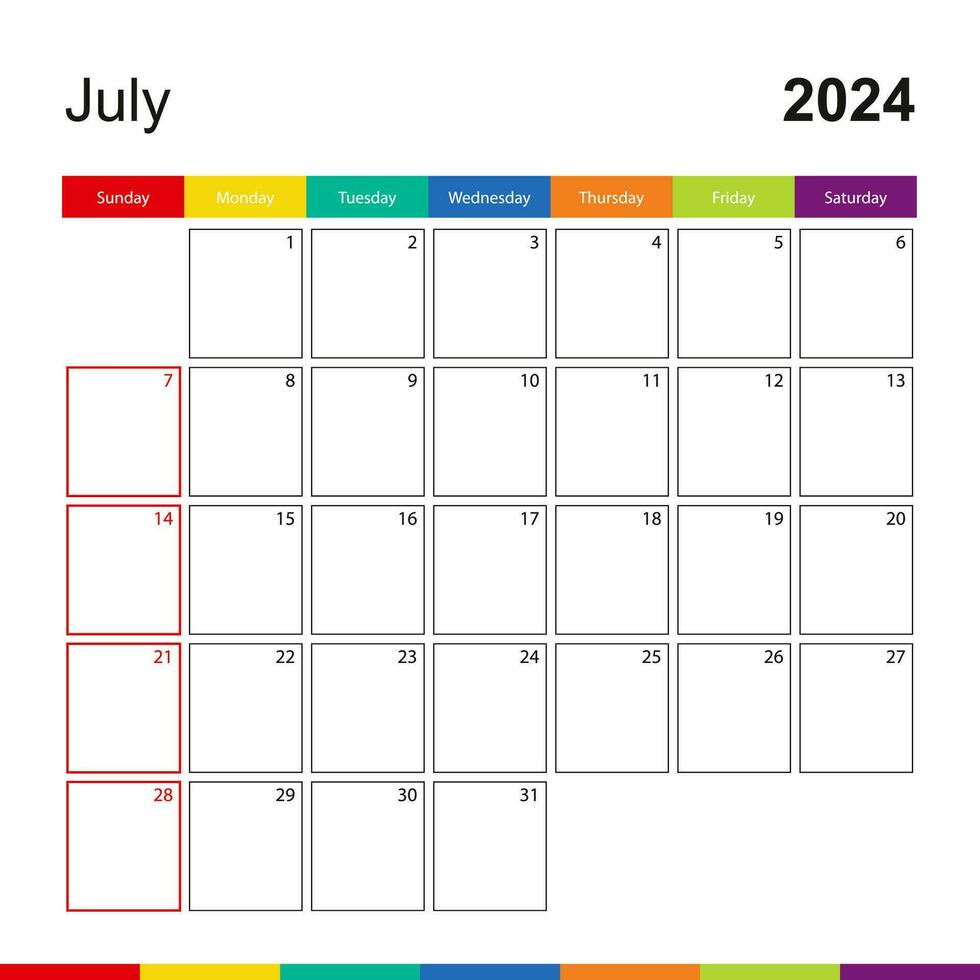 juillet 2024 coloré mur calendrier, la semaine départs sur dimanche. vecteur