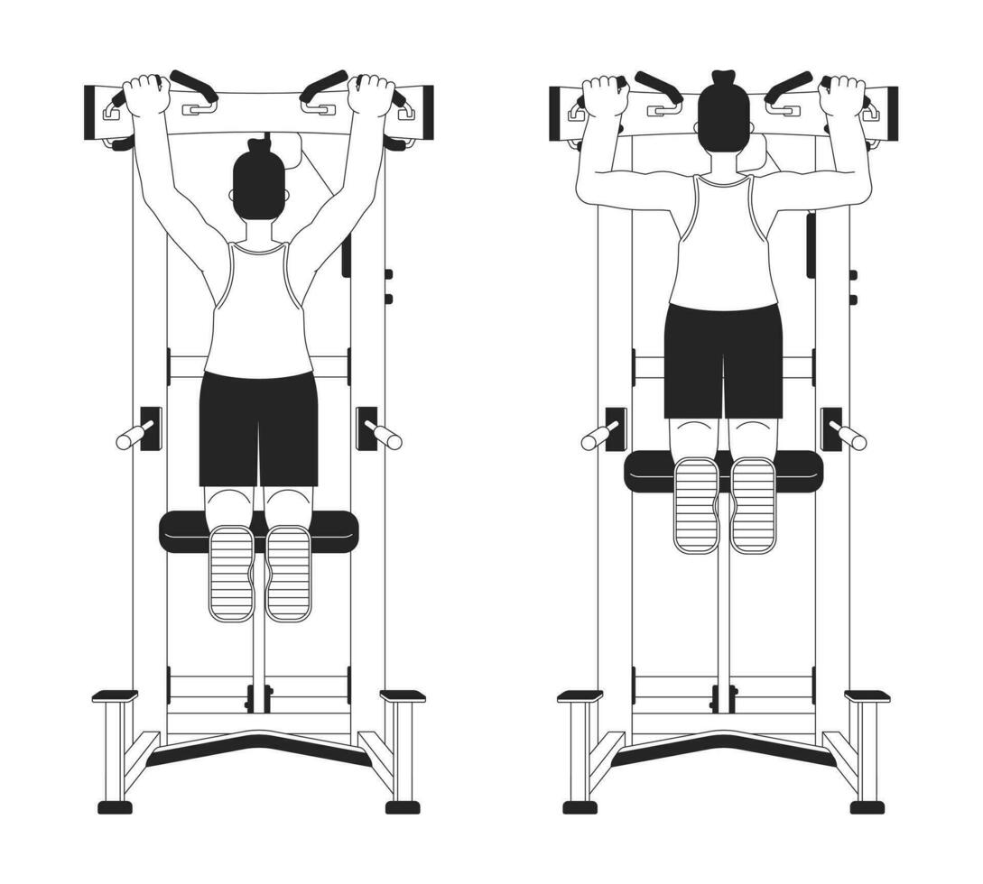 muscle bâtiment avec assisté tirer en haut machine bw vecteur place illustration. 2d dessin animé plat ligne monochromatique personnage pour la toile ui conception. poids retour exercice modifiable isolé contour héros image