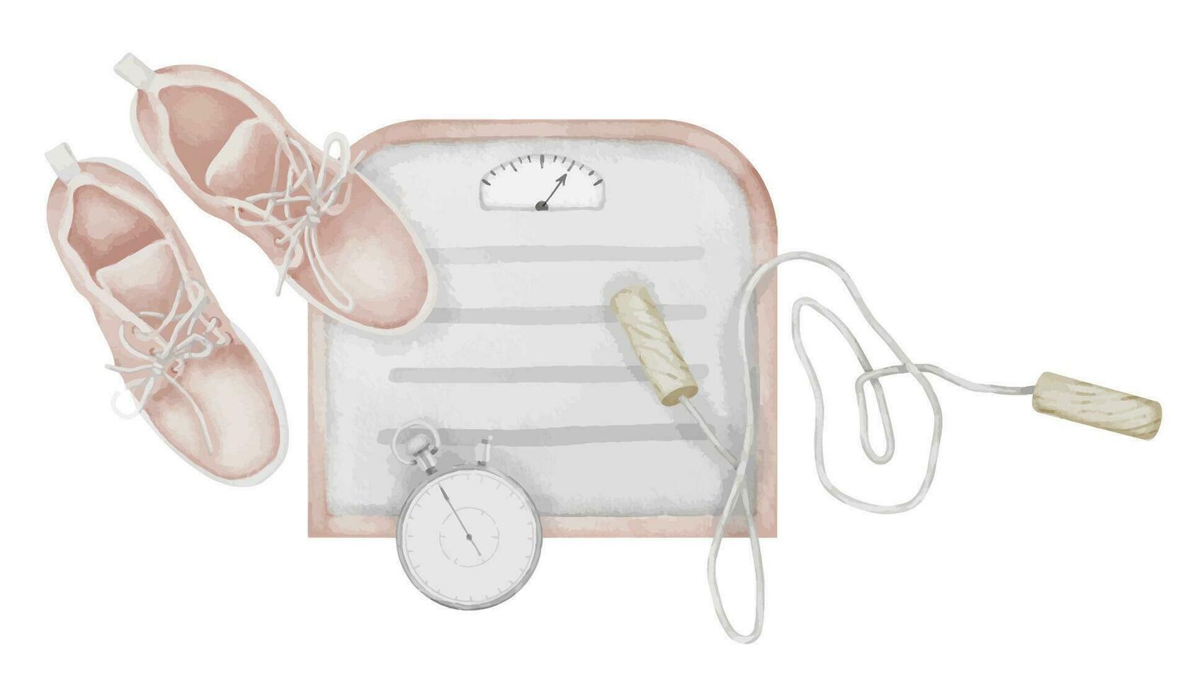 des sports exercice équipement sur blanc isolé Contexte. main tiré aquarelle illustration de femelle aptitude accessoires. dessin de rose femme baskets et Balance. esquisser de sauter corde et chronomètre vecteur