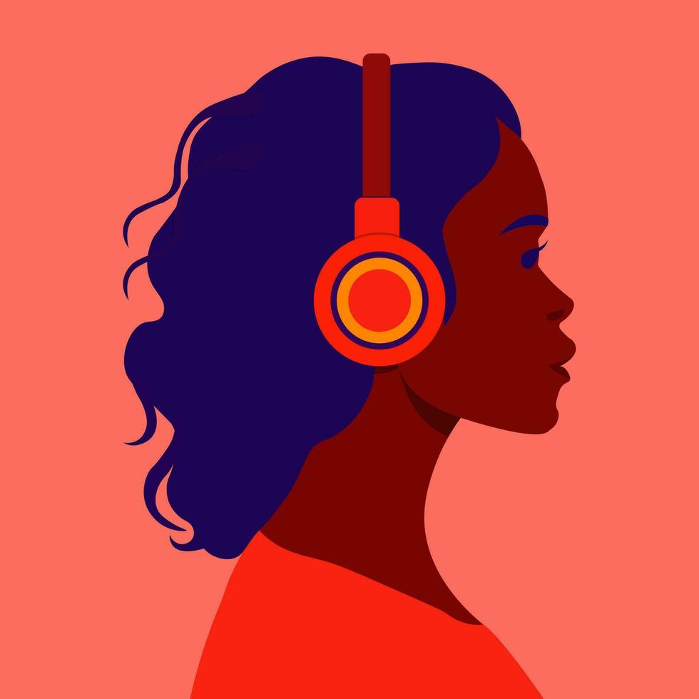 fille écoute à la musique dans écouteurs. la musique thérapie. profil de une Jeune africain femme. podcast, livre audio, radio, méditation concept. vecteur