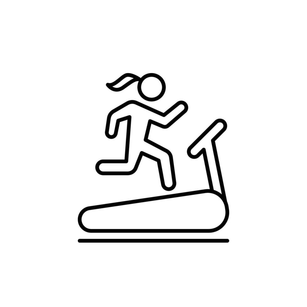 femme fonctionnement sur tapis roulant icône. Facile contour style. courir, femme, Gym équipement, aptitude, exercice machine, sport concept. mince ligne symbole. vecteur isolé sur blanc Contexte. svg.