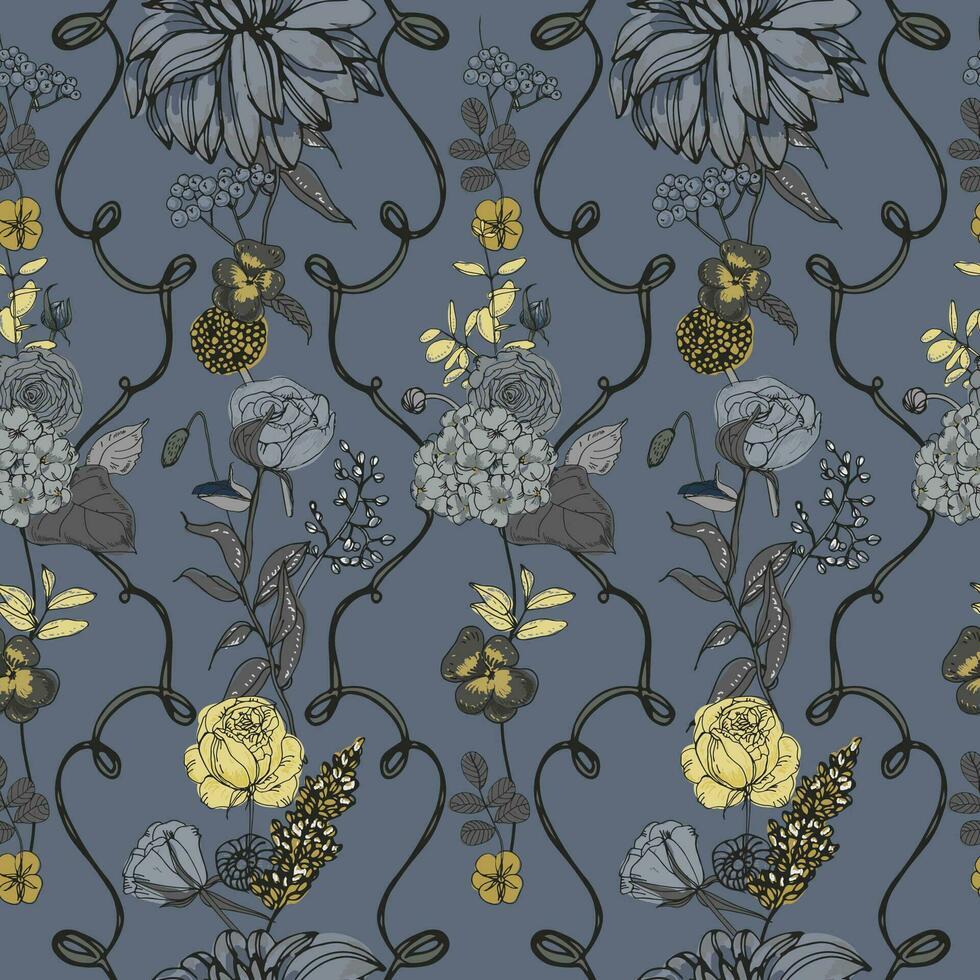 floral sans couture modèle avec fleurs, ancien Contexte. coloré vecteur illustration.