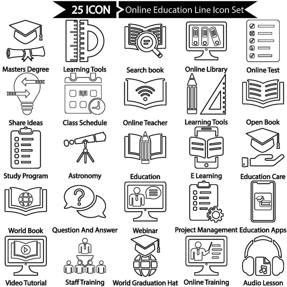 en ligne éducation contour Icônes ensemble vecteur