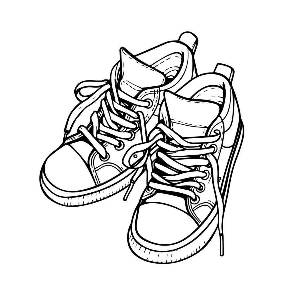 fonctionnement chaussures, baskets, formateurs main tiré dans esquisser griffonnage style. contour dessin, vecteur illustration.