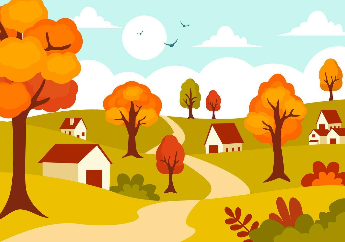 l'automne paysage Contexte vecteur illustration avec montagnes, des champs, des arbres et tomber feuilles dans plat dessin animé Naturel saison panorama modèles