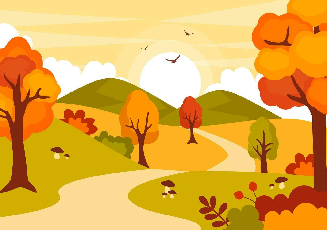 l'automne paysage Contexte vecteur illustration avec montagnes, des champs, des arbres et tomber feuilles dans plat dessin animé Naturel saison panorama modèles