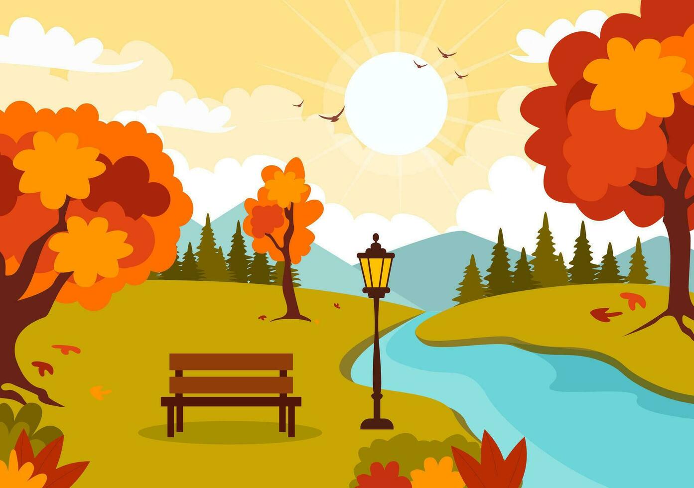 l'automne paysage Contexte vecteur illustration avec montagnes, des champs, des arbres et tomber feuilles dans plat dessin animé Naturel saison panorama modèles