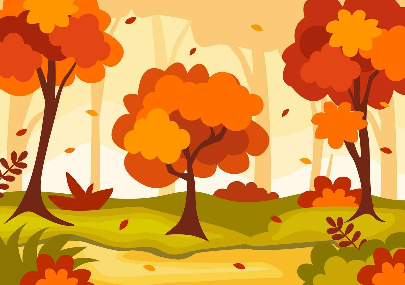 l'automne paysage Contexte vecteur illustration avec montagnes, des champs, des arbres et tomber feuilles dans plat dessin animé Naturel saison panorama modèles