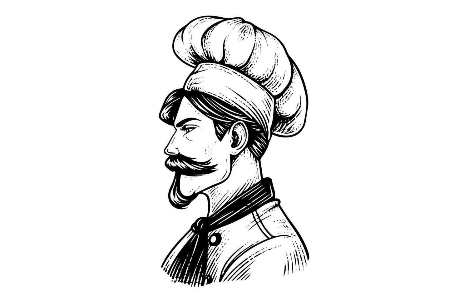 chef dans une chapeau côté vue logotype gravure style vecteur illustration.