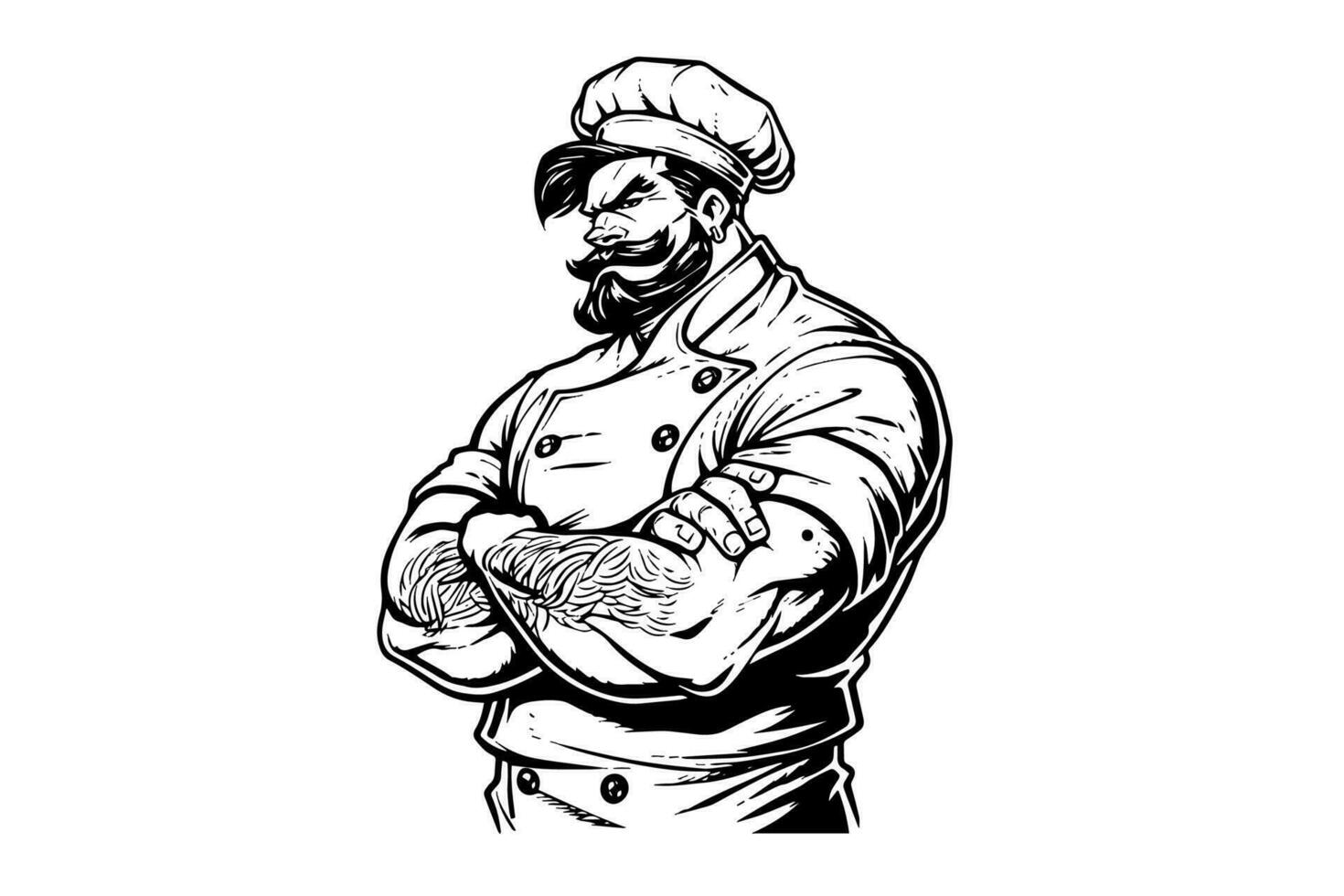 chef dans une chapeau avec franchi bras pose logotype gravure style vecteur illustration.