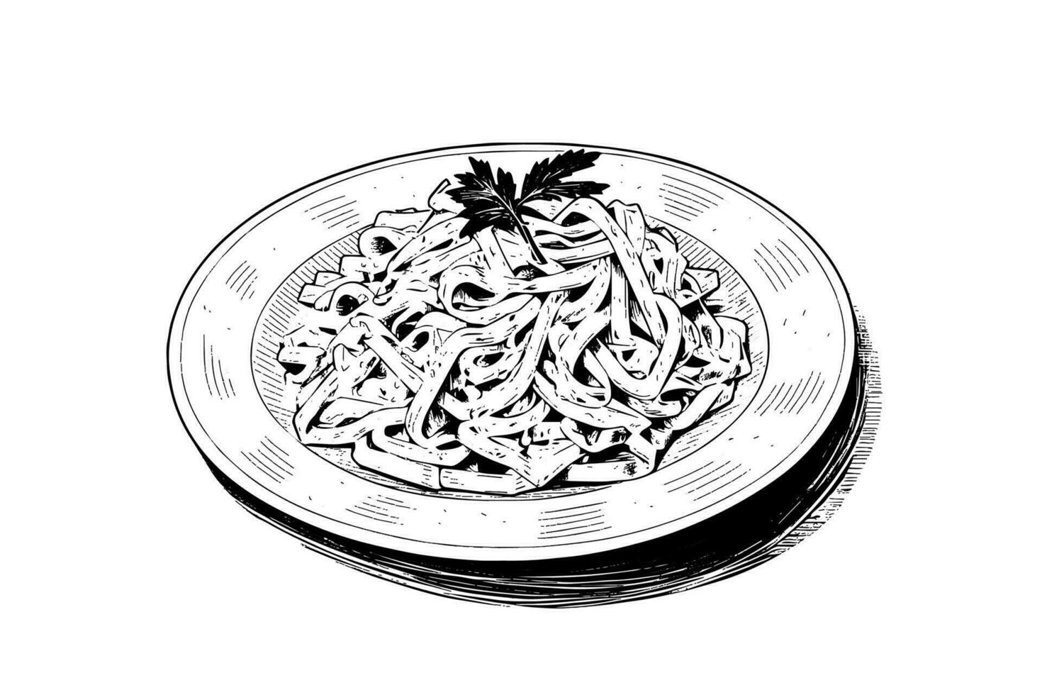 italien Pâtes. spaghetti sur une plaque, fourchette avec spaghetti vecteur gravure style illustration.