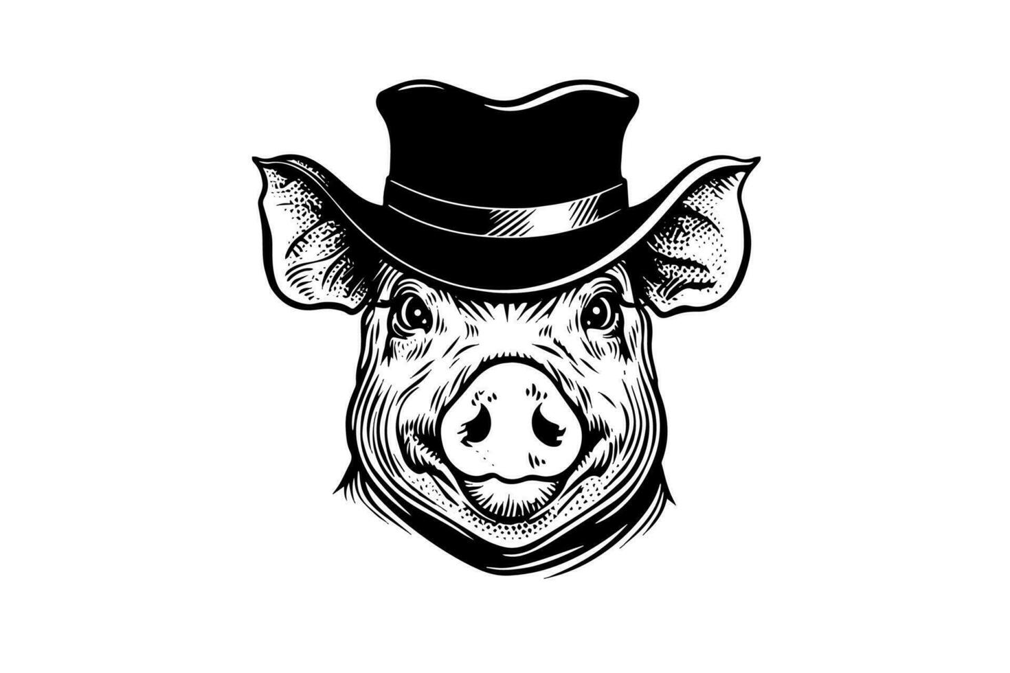 mignonne porc ou porc dans chapeau tête gravure logotype style vecteur illustration.