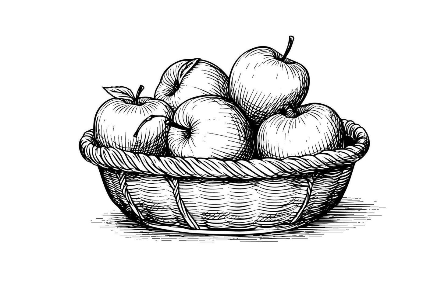 pommes dans une panier fruit main tiré gravure style vecteur illustrations.