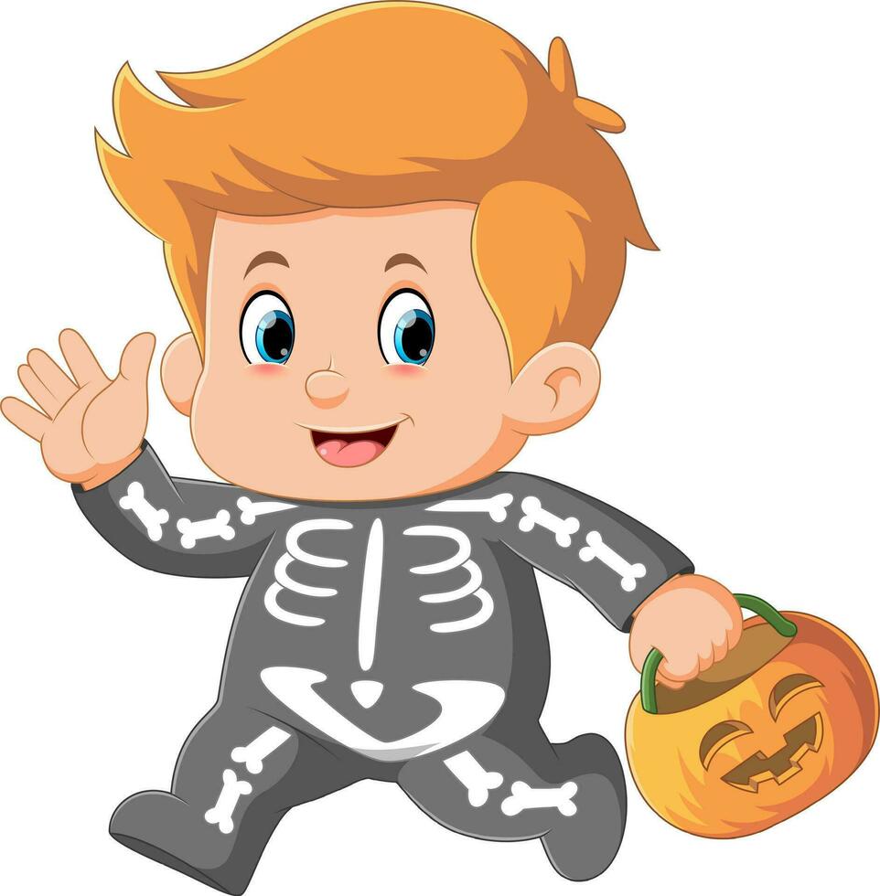garçon de dessin animé portant un costume de squelette d'halloween tenant un panier de citrouille vecteur