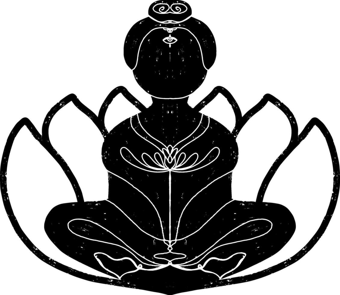 une noir et blanc illustration de une femme séance sur une lotus vecteur