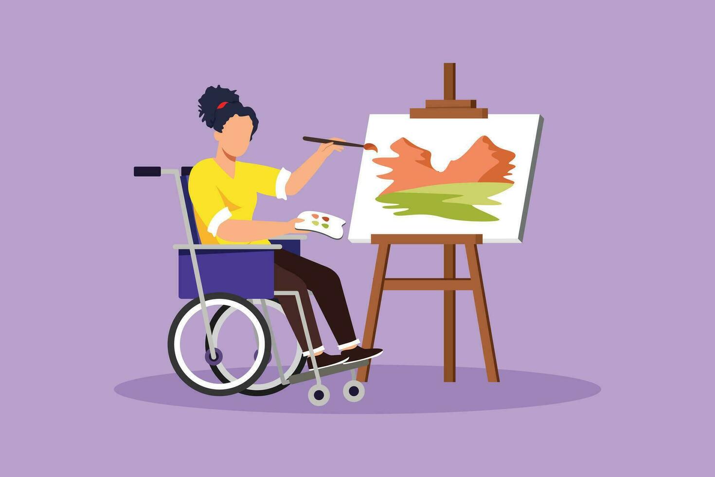 graphique plat conception dessin de désactivée femme dans fauteuil roulant La peinture paysage sur toile. réhabilitation physiothérapie. physique invalidité, société responsabilité. dessin animé style vecteur illustration