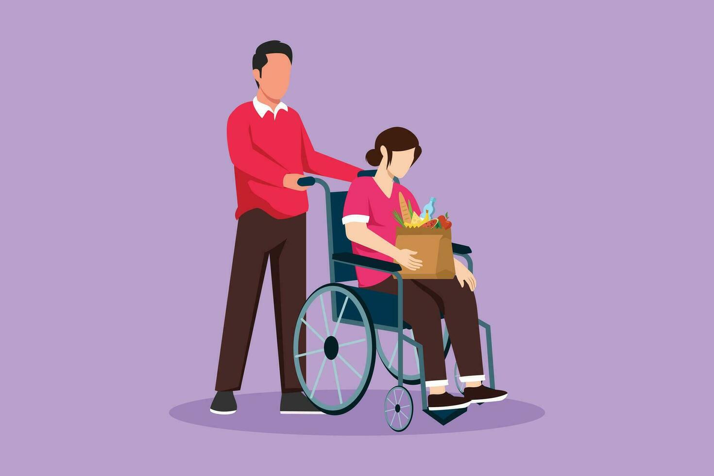 dessin animé plat style dessin Jeune homme justificatif et soins désactivée vieux femme sur fauteuil roulant. bénévole portion femelle avec achats sac, prise se soucier de Sénior femme. graphique conception vecteur illustration