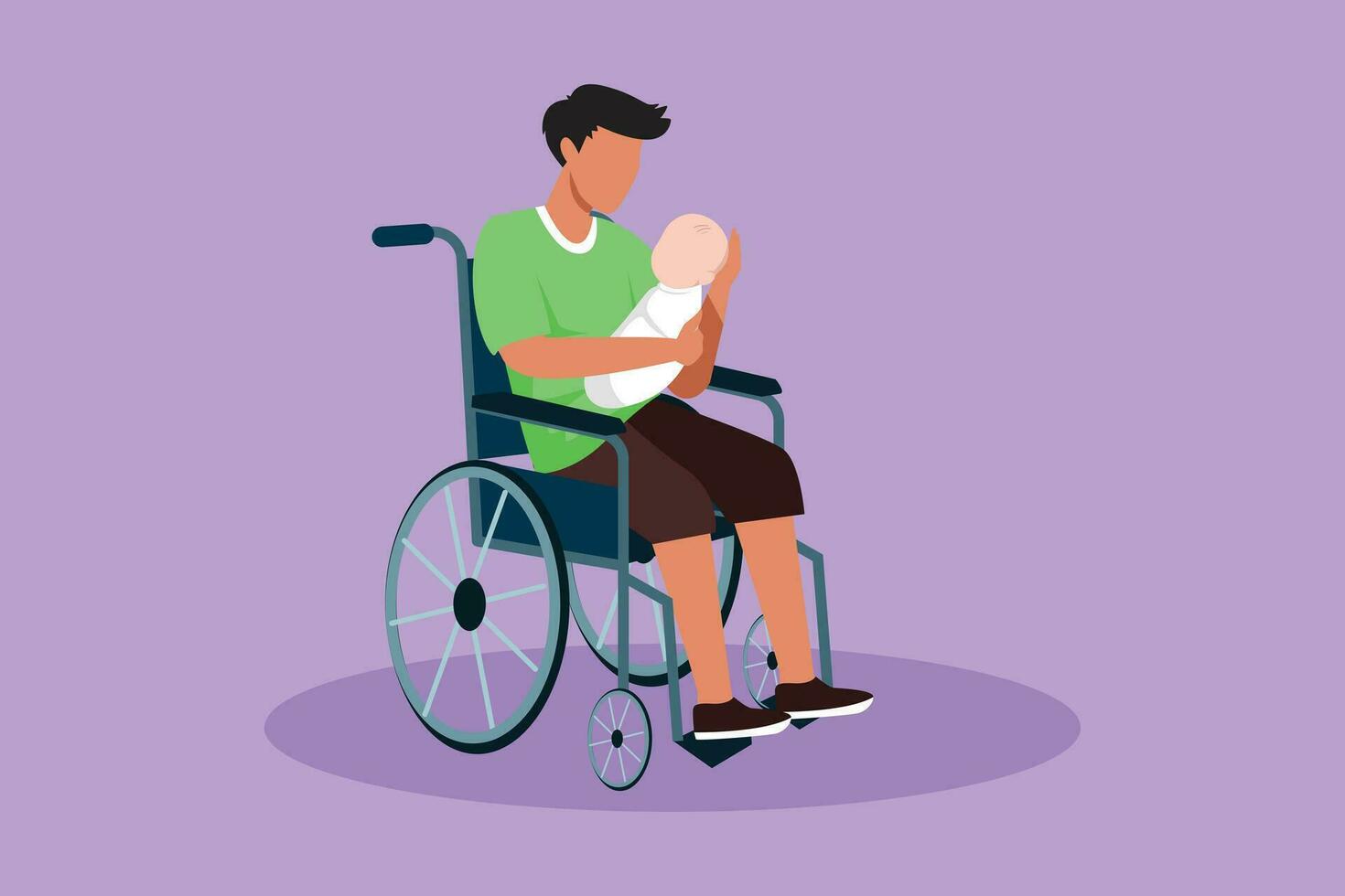 graphique plat conception dessin Parents avec nouveau née bébé. content Masculin tenir bébé, séance dans fauteuil roulant. désactivée père homme en portant bébé dans le sien bras. famille l'amour concept. dessin animé style vecteur illustration