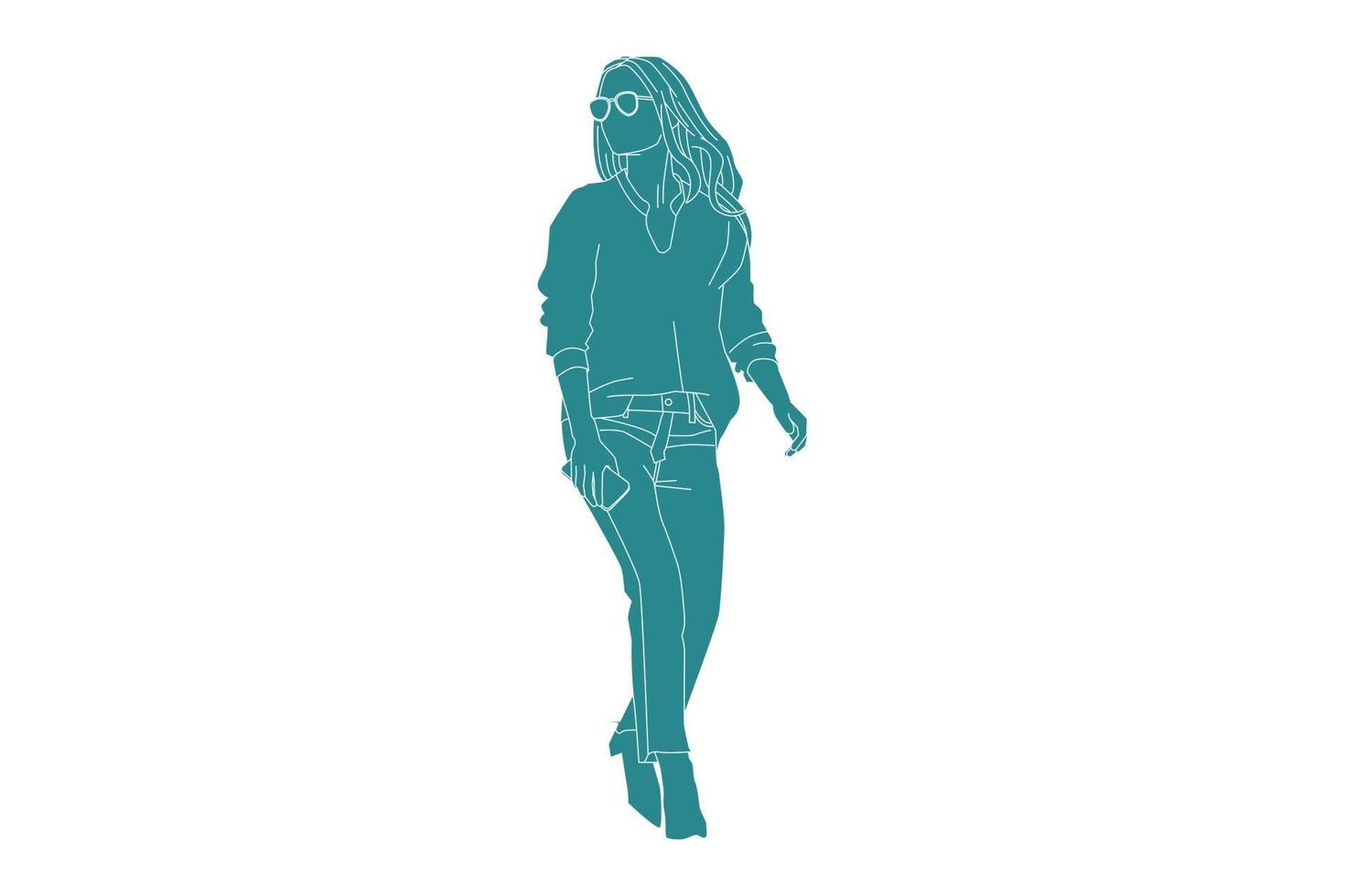 Vector illustration of casual woman walking on the sideroad, style plat avec contour