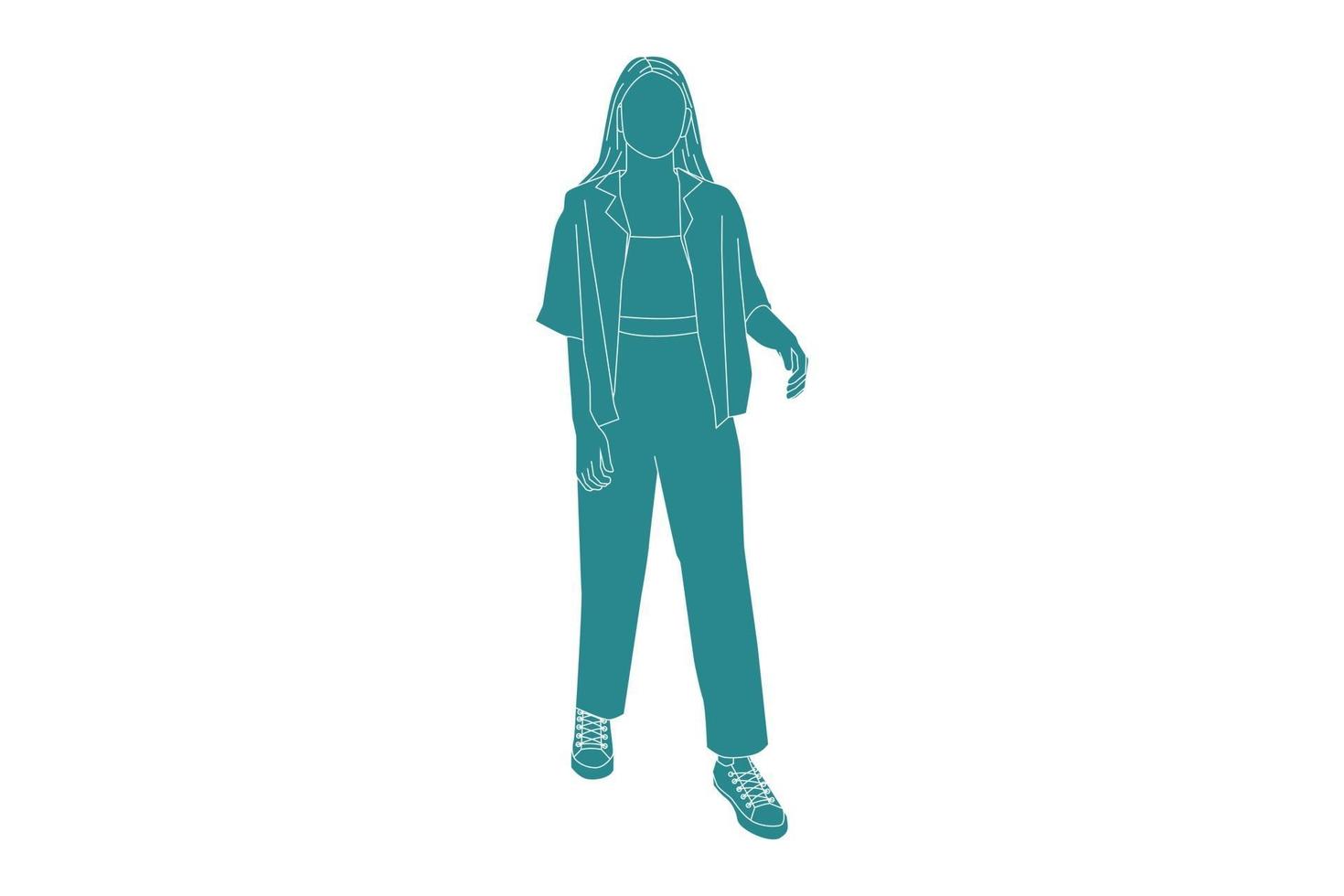 Vector illustration of casual woman posing, style plat avec contour