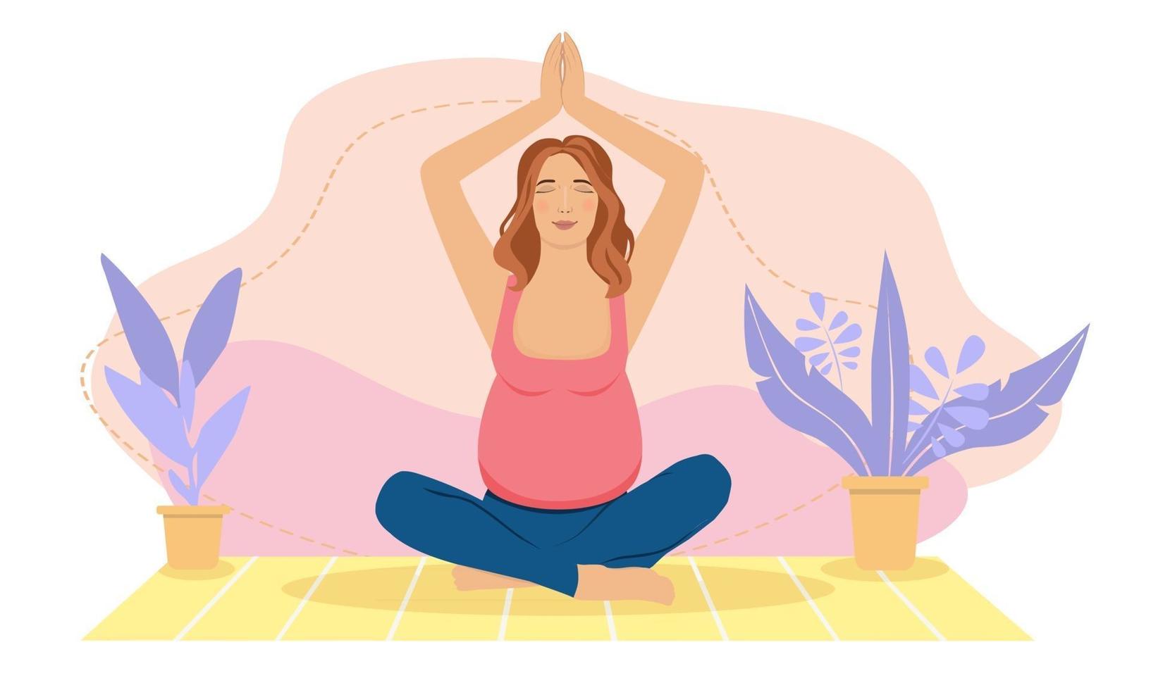 femme enceinte méditant à la maison. illustration de concept pour le yoga prénatal, la méditation, la détente, les loisirs, un mode de vie sain. illustration dans un style cartoon plat. vecteur