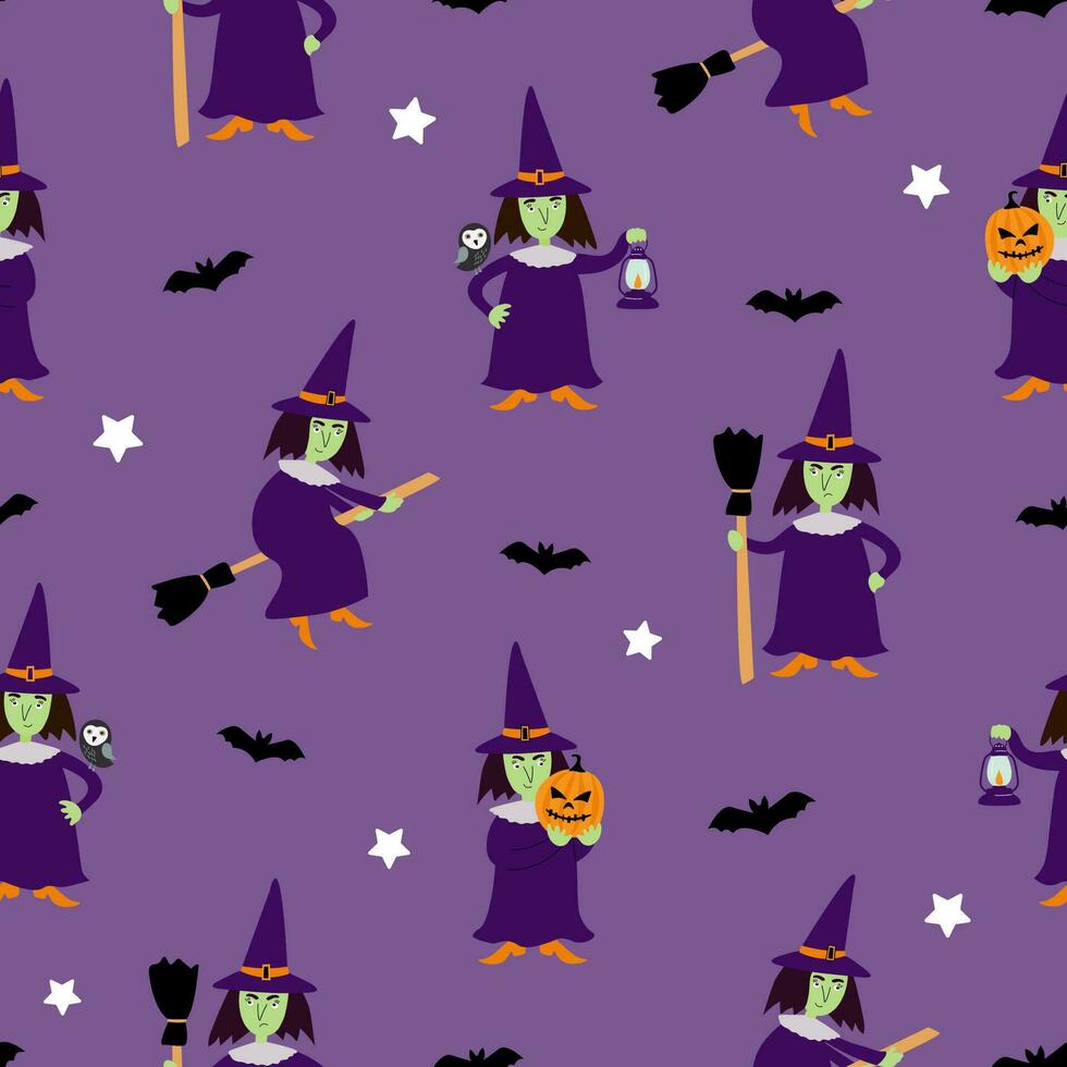 sans couture modèle avec mignonne sorcières dans Chapeaux, sur une manche à balai, chauves-souris, citrouilles. impression pour Halloween. vecteur graphique.