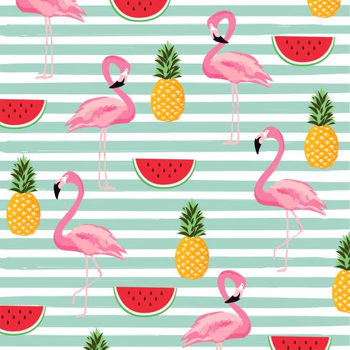 Ananas, melon d&#39;eau et flamant rose avec des rayures sans soudure de fond vecteur