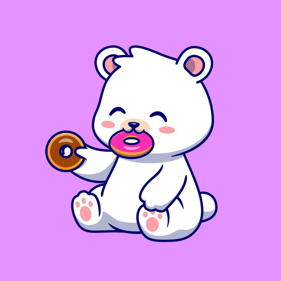 mignonne polaire ours en mangeant Donut dessin animé vecteur icône illustration. animal nourriture icône concept isolé prime vecteur. plat dessin animé style