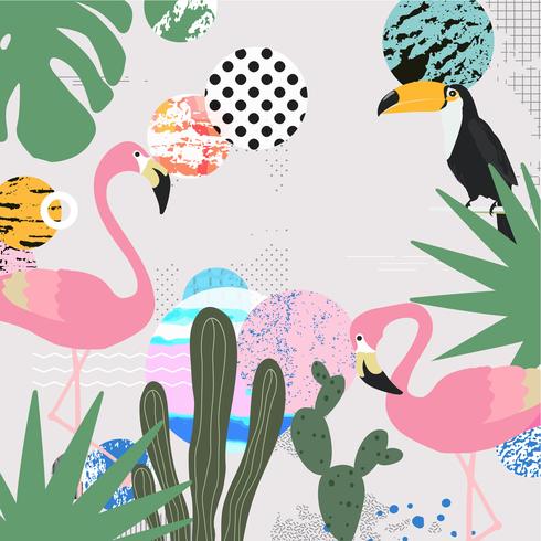 Jungle tropicale feuilles fond avec flamants roses et toucan vecteur