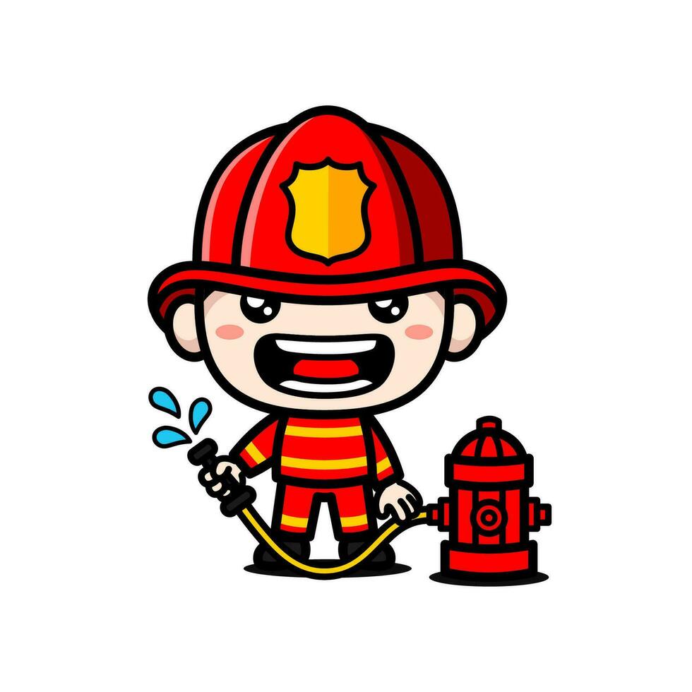 mignonne sapeur pompier dessin animé personnage avec l'eau bouche d'incendie vecteur