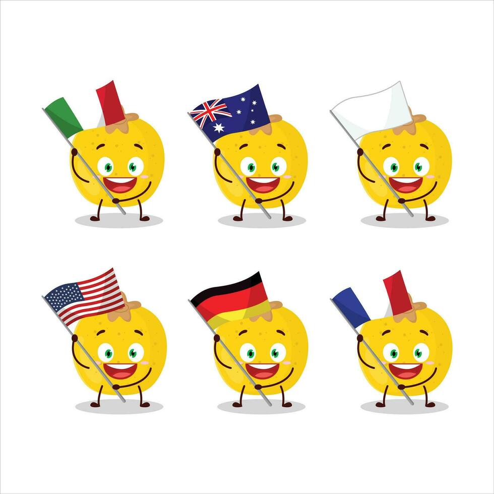 nance fruit dessin animé personnage apporter le drapeaux de divers des pays vecteur