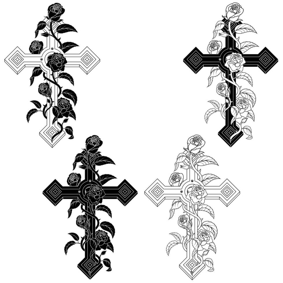 vecteur conception de Christian traverser entouré par des roses, symbole de le catholique religion, Christian traverser avec diamants et pétales