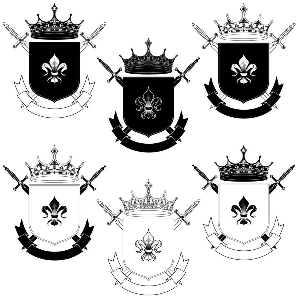 conception de vecteur de bouclier héraldique du moyen âge, armoiries avec symbole héraldique fleur de lis, avec couronnes et épées