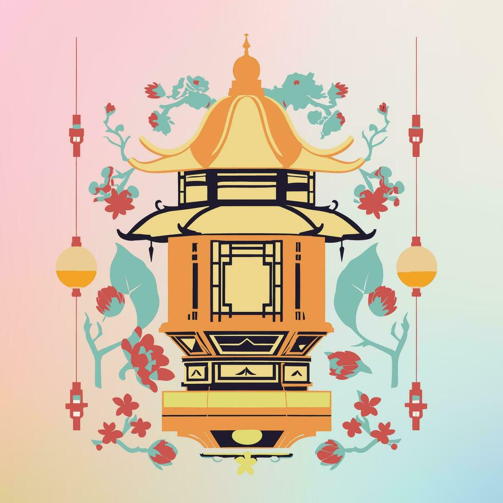 le chinois temple avec pagode toit et lanternes vecteur