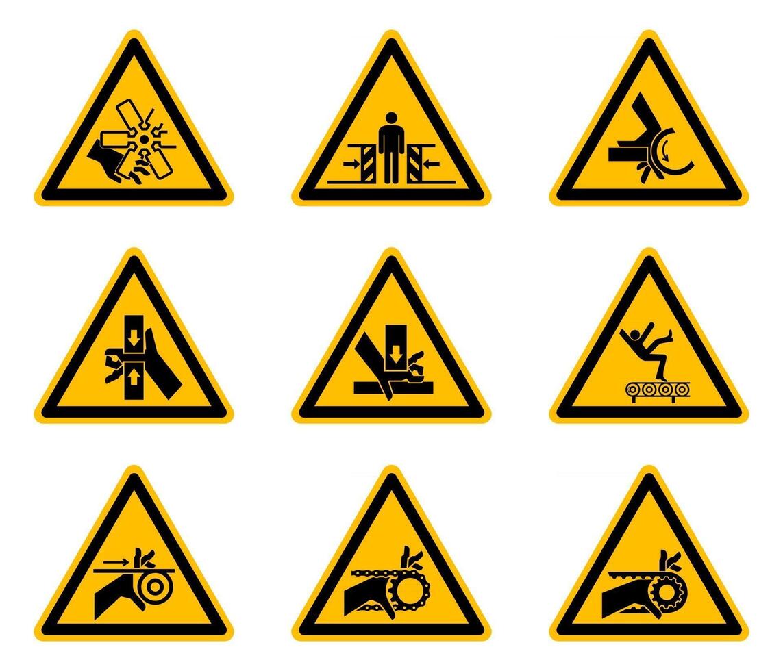 Étiquettes de symboles de danger d'avertissement triangulaires sur fond blanc vecteur