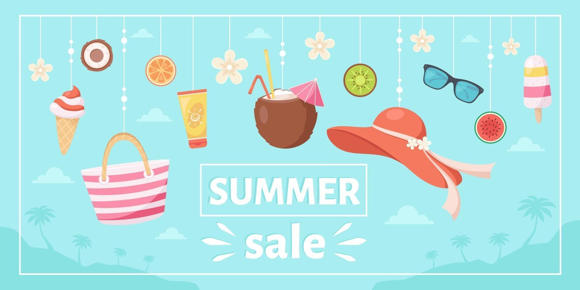 Solde d'été. chapeau de plage, pina colada, lunettes de soleil, crème solaire, fleur tropicale, glace et fruits vecteur