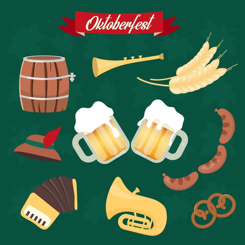 ensemble d'illustrations vectorielles à plat oktoberfest. tasses d'alcool, nourriture. baril et saucisses, autocollants de bretzel. instruments de musique. graphique de dessin animé isolé festival de la bière vecteur