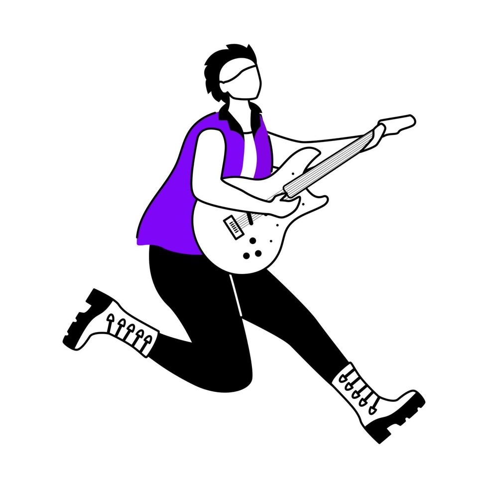 illustration vectorielle de guitariste contour plat. joueur de guitare sautant. musicien. membre d'un groupe de musique. rock and roll. homme avec instrument de musique. personnage de contour de dessin animé isolé sur blanc. dessin simple vecteur