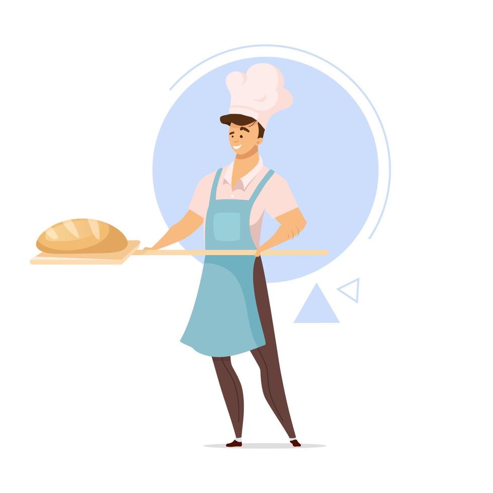 boulanger mâle avec illustration vectorielle de pain couleur plat. produits de boulangerie. boulangerie. fabrication de pain. une boulangerie. industrie alimentaire. homme avec pagaie de cuisson. personnage de dessin animé isolé sur fond blanc vecteur