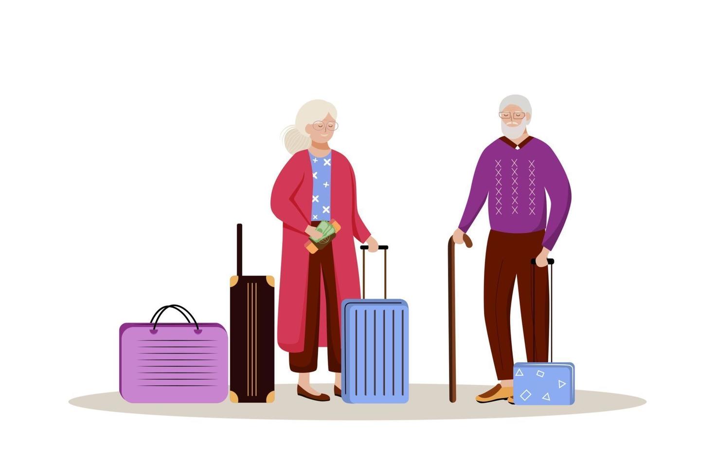 couple de personnes âgées avec illustration vectorielle plane de bagages. se préparer pour un voyage. couple marié avec des valises. partir en vacances. personnage de dessin animé isolé préparation voyage sur fond blanc vecteur