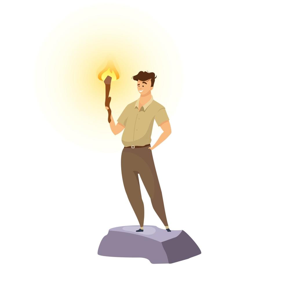 illustration vectorielle de couleur plate explorateur. aventurier masculin avec torche. homme debout avec flambeau. aventurier souriant. pionnier en uniforme kaki. personnage de dessin animé isolé touristique sur fond blanc vecteur