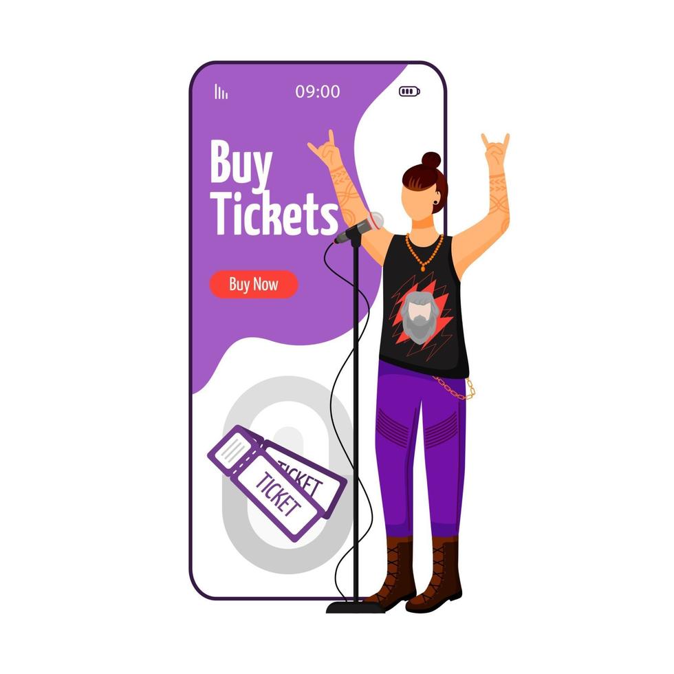 acheter des billets écran d'application de vecteur de smartphone de dessin animé. chanteur de groupe de rock. musicien. concert, concert. un événement. écran de téléphone portable avec maquette de conception de personnage plat. interface mignonne de téléphone d'application