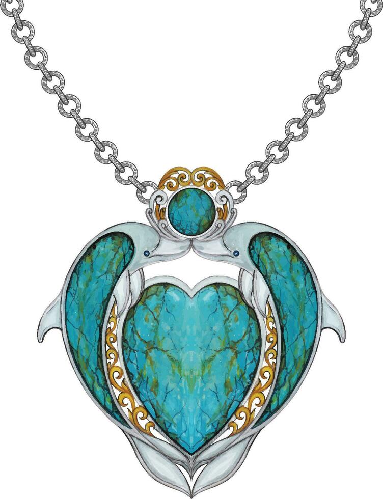 bijoux conception fantaisie turquoise ensemble avec cœur et dauphins pendentif main dessin et La peinture faire graphique vecteur. vecteur