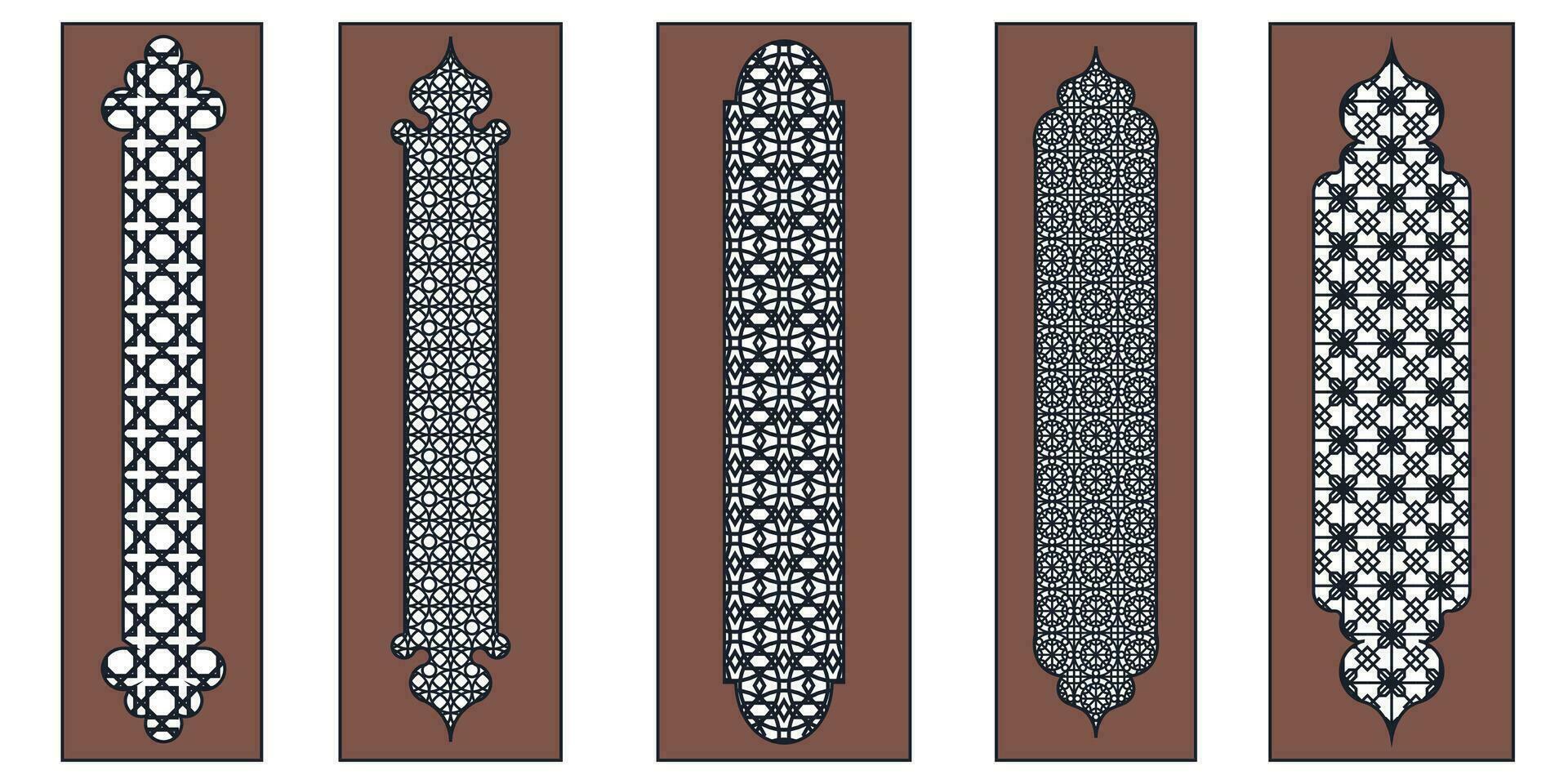 collection de arabe Oriental les fenêtres, arches et des portes. laser Couper gril. moderne conception dans noir fo cadres mosquée dôme et lanternes islamique Ramadan kareem et eid mubarak style. vecteur illustration