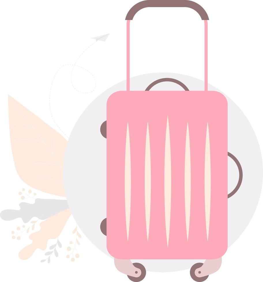 bagages. valise de voyage rose sur roues sur fond de motif décoratif vecteur
