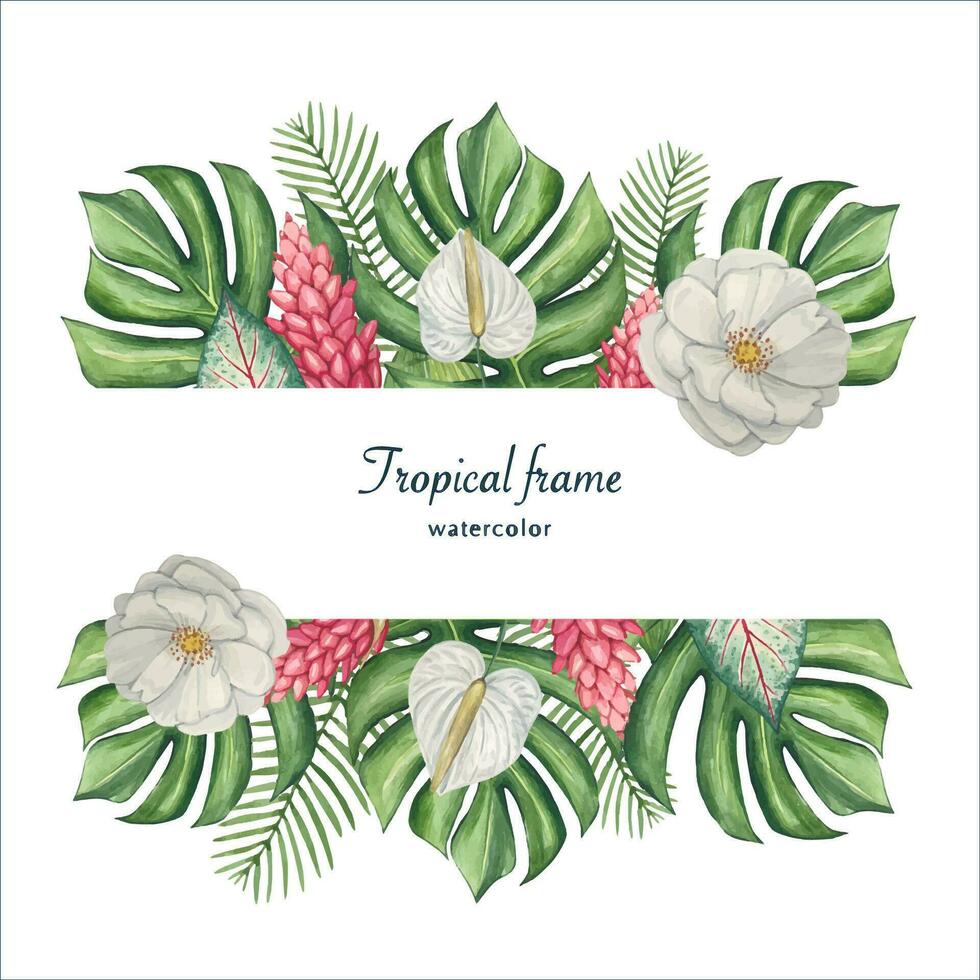 Cadre avec tropical aquarelle feuilles et fleurs.tropicales Contexte. vecteur