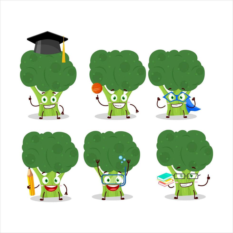 école étudiant de brocoli dessin animé personnage avec divers expressions vecteur