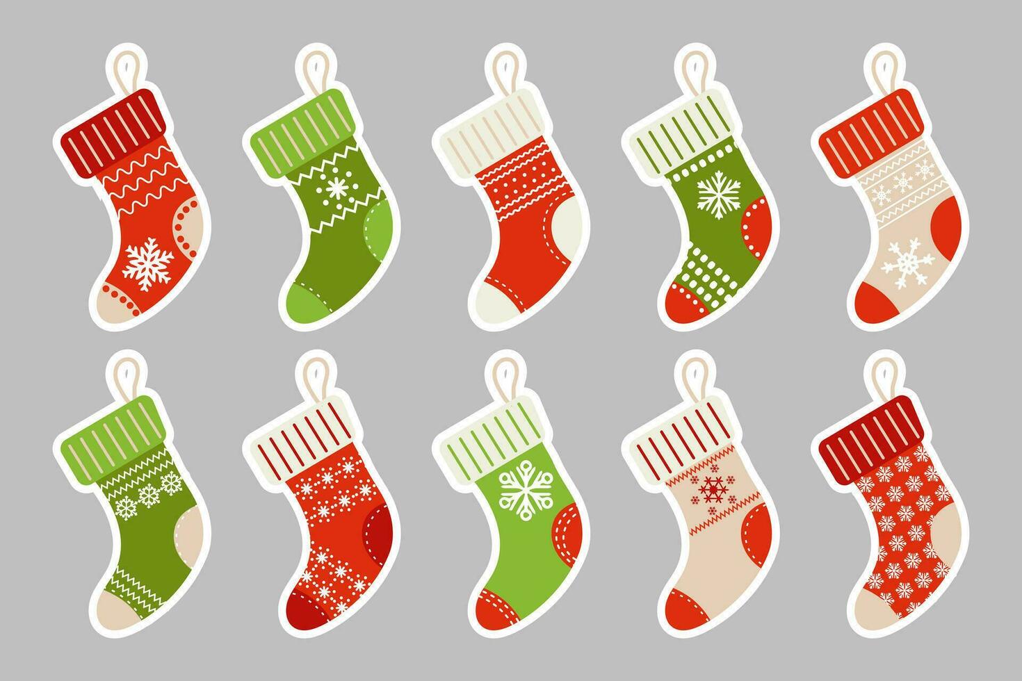 hiver Noël chaussettes avec flocon de neige ornement, autocollants ensemble. Icônes, vecteur